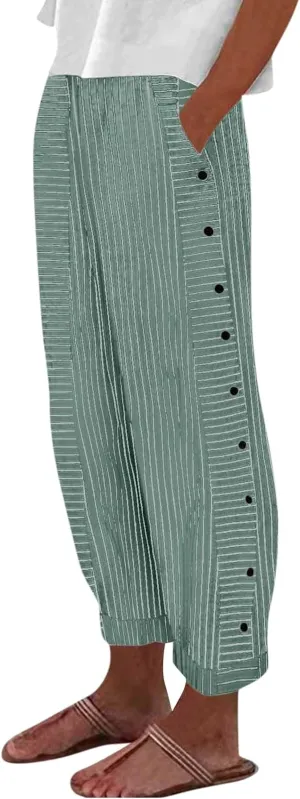 Casual Pants for Women Stripe Print Side Button Trendy Ankle Trousers Baggy Straight Leg Beach Cropped with Pocket