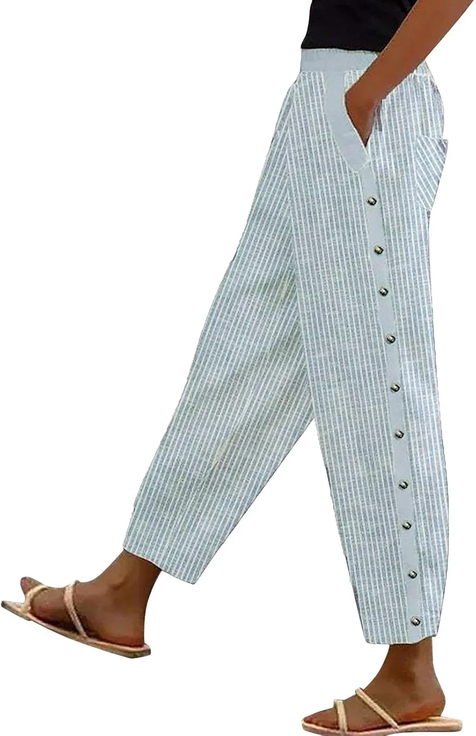 Casual Pants for Women Stripe Print Side Button Trendy Ankle Trousers Baggy Straight Leg Beach Cropped with Pocket