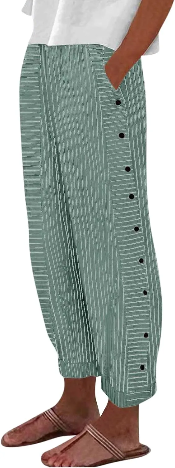 Casual Pants for Women Stripe Print Side Button Trendy Ankle Trousers Baggy Straight Leg Beach Cropped with Pocket