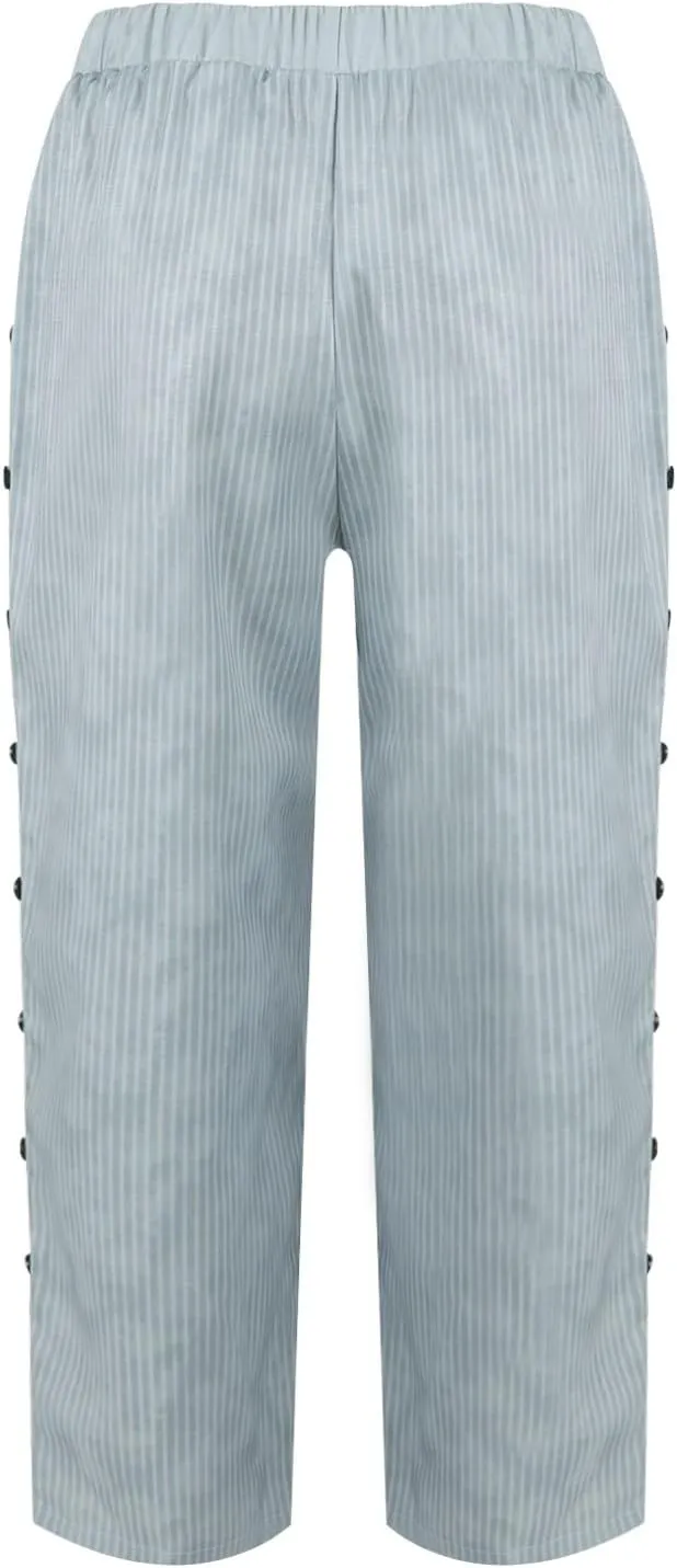 Casual Pants for Women Stripe Print Side Button Trendy Ankle Trousers Baggy Straight Leg Beach Cropped with Pocket