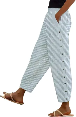 Casual Pants for Women Stripe Print Side Button Trendy Ankle Trousers Baggy Straight Leg Beach Cropped with Pocket