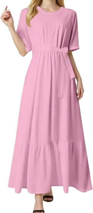 Casual Summer Dresses for Women 2025,Womens Solid Color Boat-Neck Elegant Dresses Boho Tie Belted Empire Waist Dress