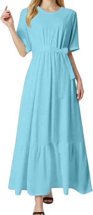 Casual Summer Dresses for Women 2025,Womens Solid Color Boat-Neck Elegant Dresses Boho Tie Belted Empire Waist Dress