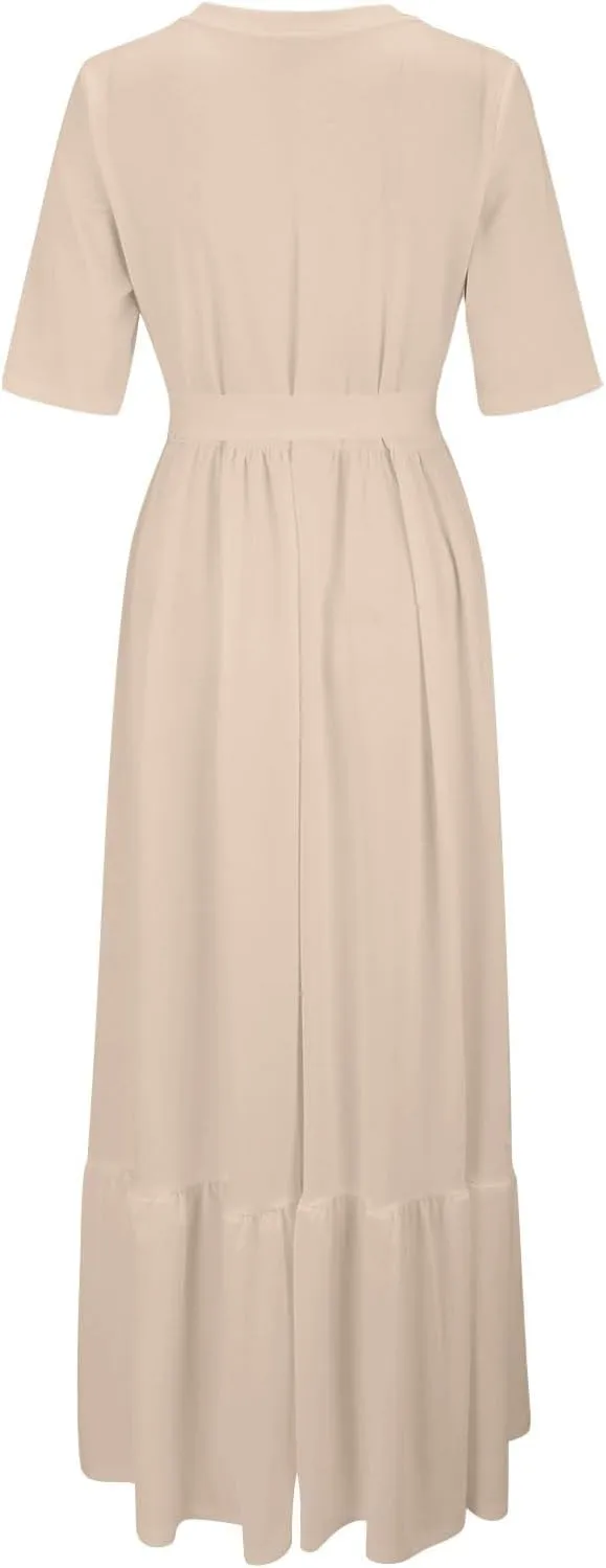 Casual Summer Dresses for Women 2025,Womens Solid Color Boat-Neck Elegant Dresses Boho Tie Belted Empire Waist Dress