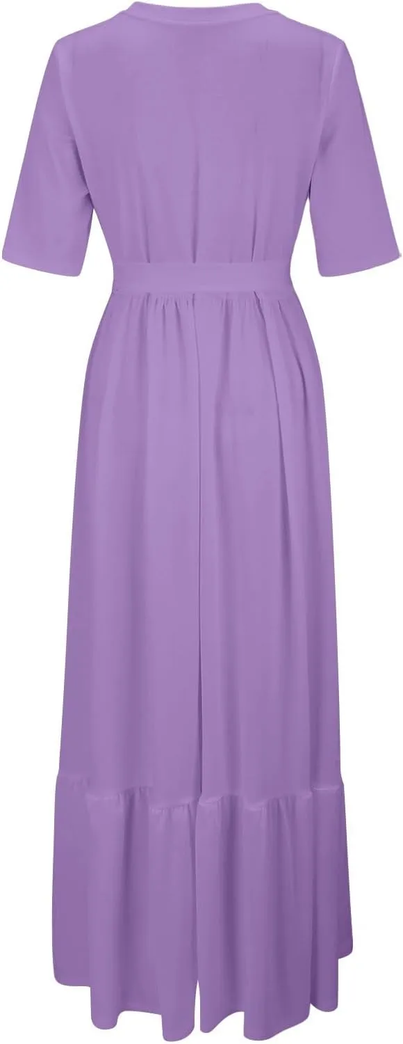 Casual Summer Dresses for Women 2025,Womens Solid Color Boat-Neck Elegant Dresses Boho Tie Belted Empire Waist Dress