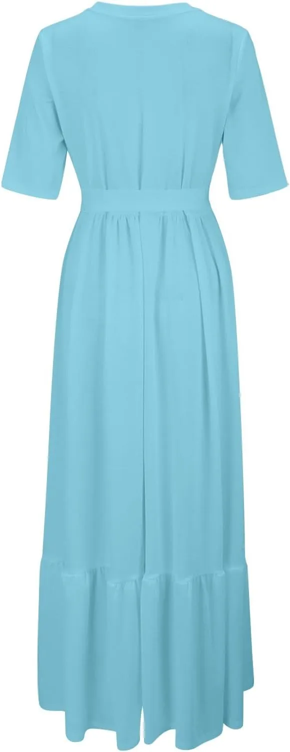 Casual Summer Dresses for Women 2025,Womens Solid Color Boat-Neck Elegant Dresses Boho Tie Belted Empire Waist Dress