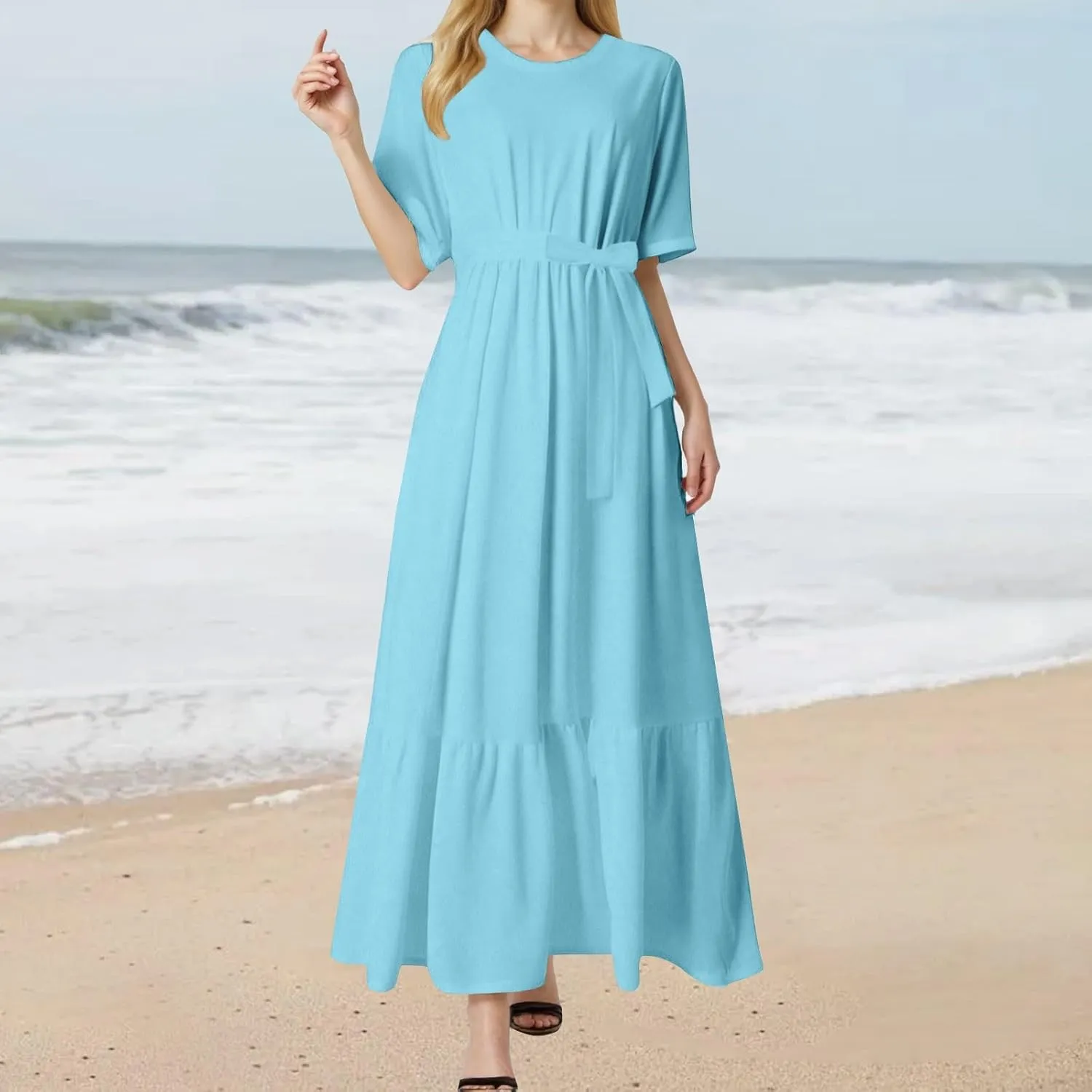 Casual Summer Dresses for Women 2025,Womens Solid Color Boat-Neck Elegant Dresses Boho Tie Belted Empire Waist Dress