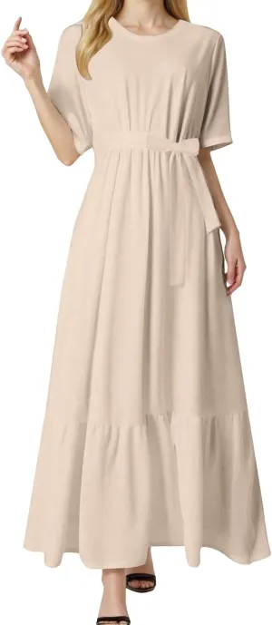 Casual Summer Dresses for Women 2025,Womens Solid Color Boat-Neck Elegant Dresses Boho Tie Belted Empire Waist Dress