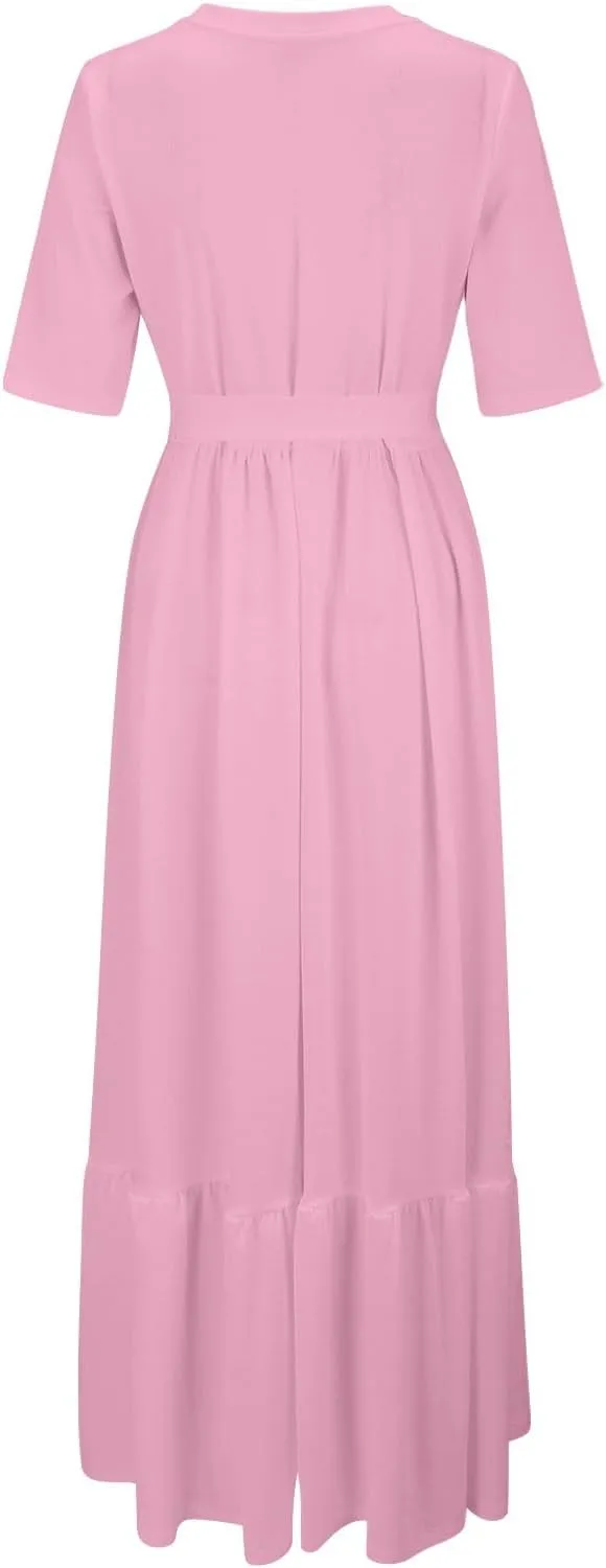 Casual Summer Dresses for Women 2025,Womens Solid Color Boat-Neck Elegant Dresses Boho Tie Belted Empire Waist Dress