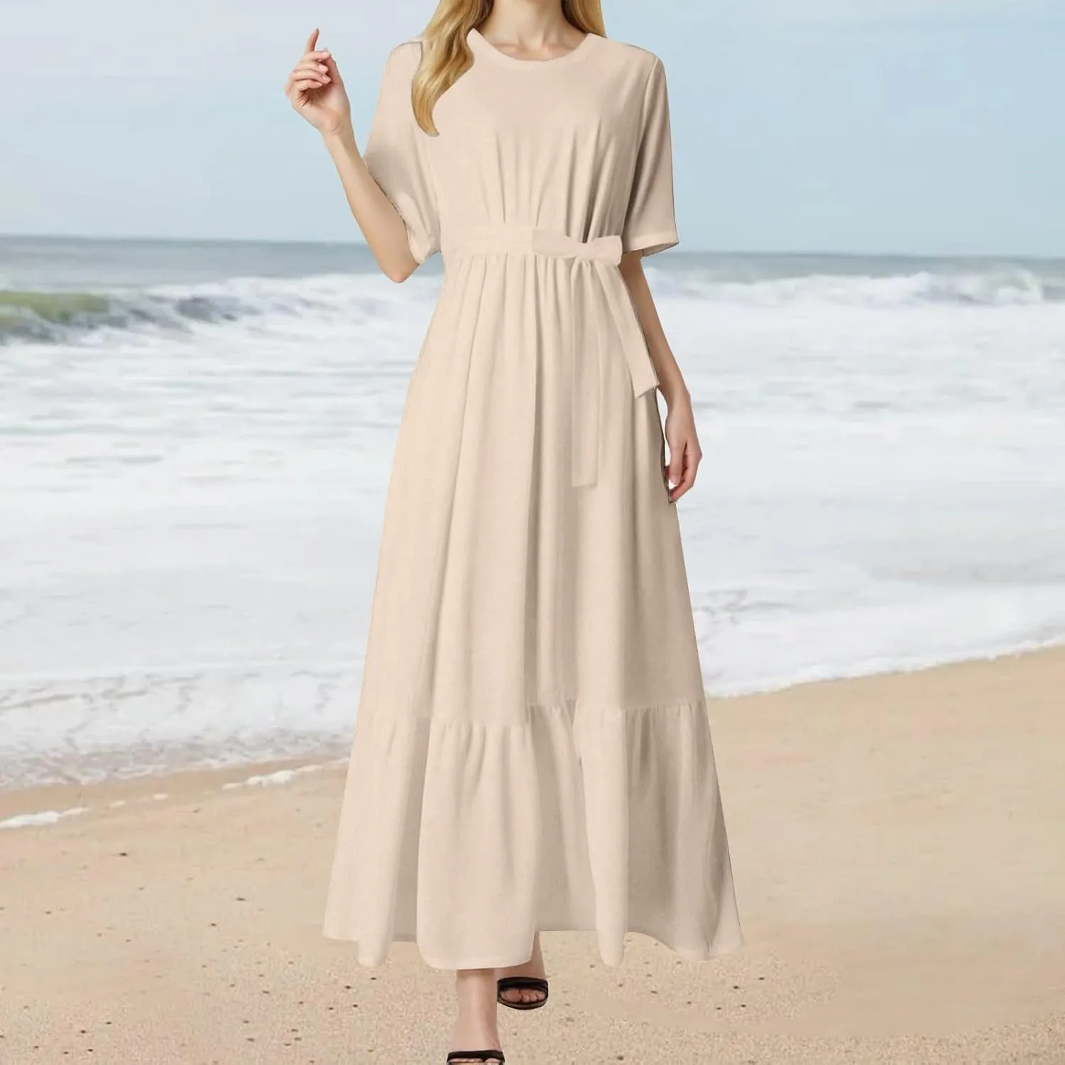 Casual Summer Dresses for Women 2025,Womens Solid Color Boat-Neck Elegant Dresses Boho Tie Belted Empire Waist Dress