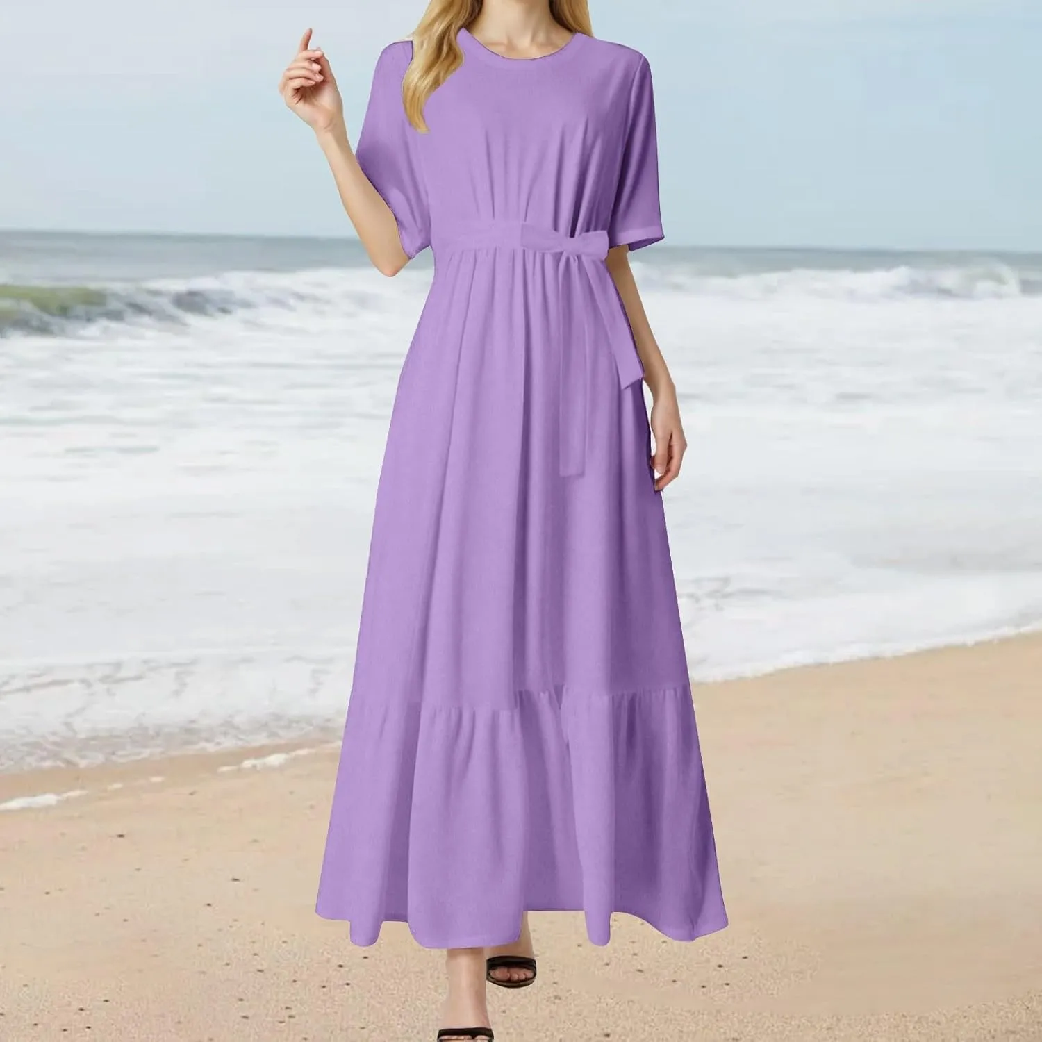 Casual Summer Dresses for Women 2025,Womens Solid Color Boat-Neck Elegant Dresses Boho Tie Belted Empire Waist Dress