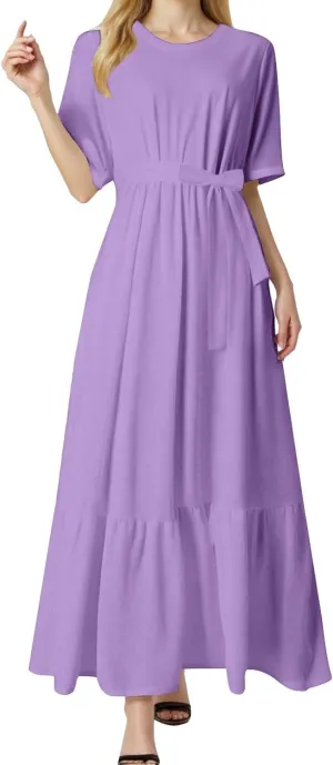 Casual Summer Dresses for Women 2025,Womens Solid Color Boat-Neck Elegant Dresses Boho Tie Belted Empire Waist Dress