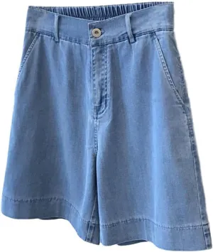 CHARTOU Women Summer Denim Shorts Lightweight Back-Elastic Waist Wide Leg Bermuda Shorts