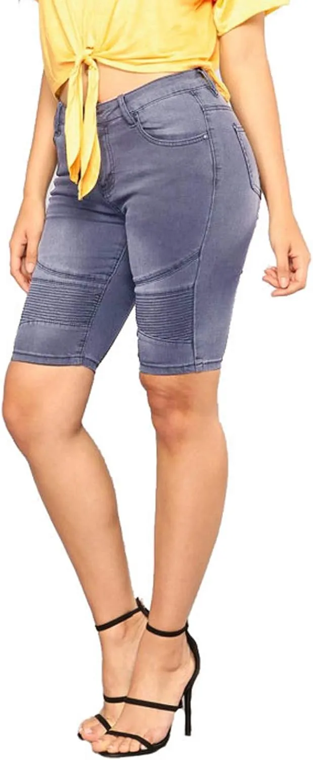 chouyatou Women's Moto Stretchy High Waist Butt-Lifting Wrinkle Cuffed Denim Bermuda Shorts