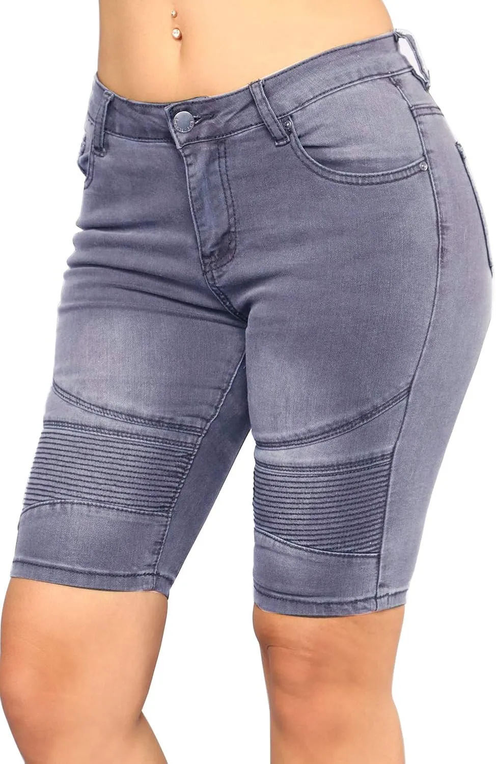 chouyatou Women's Moto Stretchy High Waist Butt-Lifting Wrinkle Cuffed Denim Bermuda Shorts