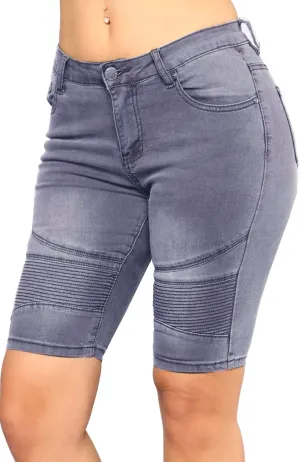 chouyatou Women's Moto Stretchy High Waist Butt-Lifting Wrinkle Cuffed Denim Bermuda Shorts