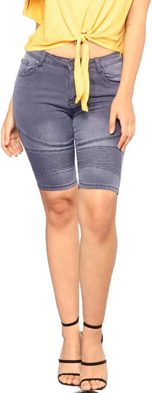 chouyatou Women's Moto Stretchy High Waist Butt-Lifting Wrinkle Cuffed Denim Bermuda Shorts