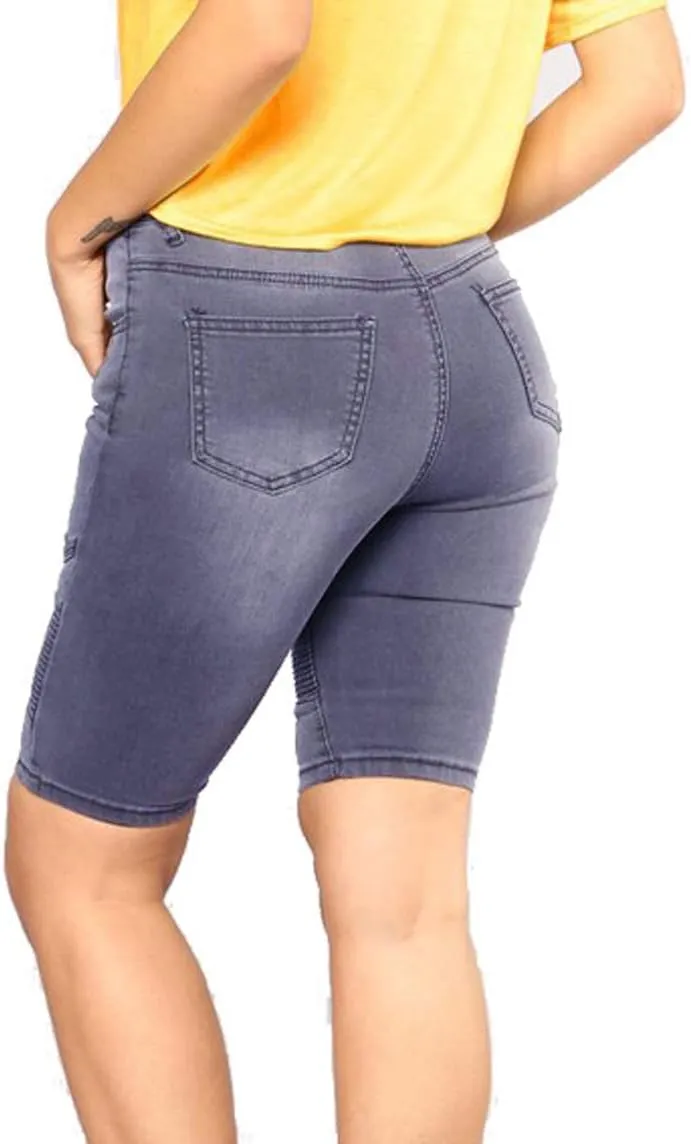 chouyatou Women's Moto Stretchy High Waist Butt-Lifting Wrinkle Cuffed Denim Bermuda Shorts