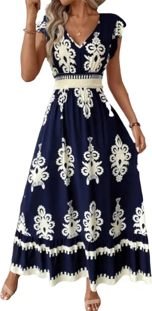 Cocktail Dresses for Women Boho Floral Maxi Dress V Neck Ruffle Bell Sleeve Smocked Waist Dress A-Line Swing Dresses