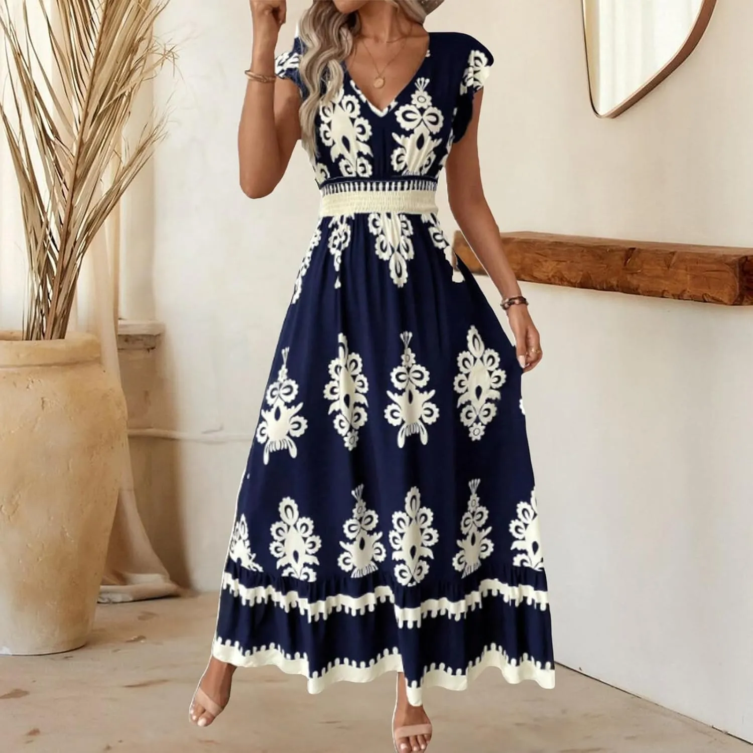 Cocktail Dresses for Women Boho Floral Maxi Dress V Neck Ruffle Bell Sleeve Smocked Waist Dress A-Line Swing Dresses