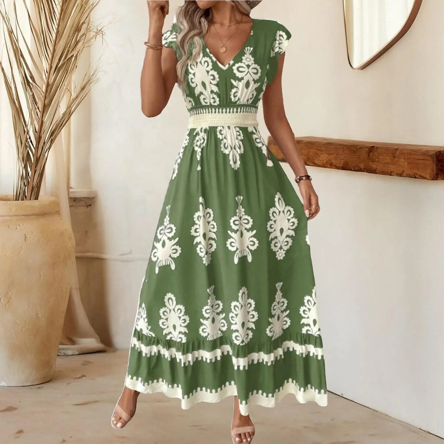 Cocktail Dresses for Women Boho Floral Maxi Dress V Neck Ruffle Bell Sleeve Smocked Waist Dress A-Line Swing Dresses