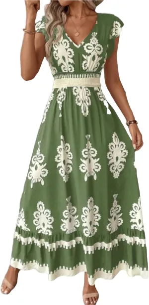 Cocktail Dresses for Women Boho Floral Maxi Dress V Neck Ruffle Bell Sleeve Smocked Waist Dress A-Line Swing Dresses