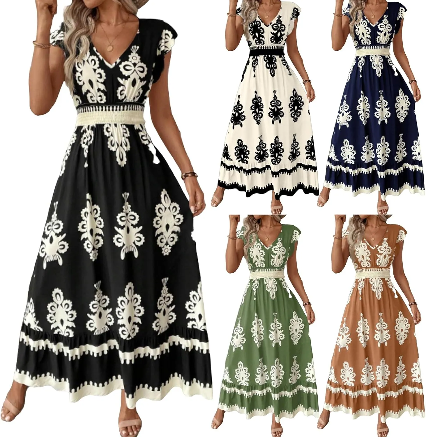 Cocktail Dresses for Women Boho Floral Maxi Dress V Neck Ruffle Bell Sleeve Smocked Waist Dress A-Line Swing Dresses