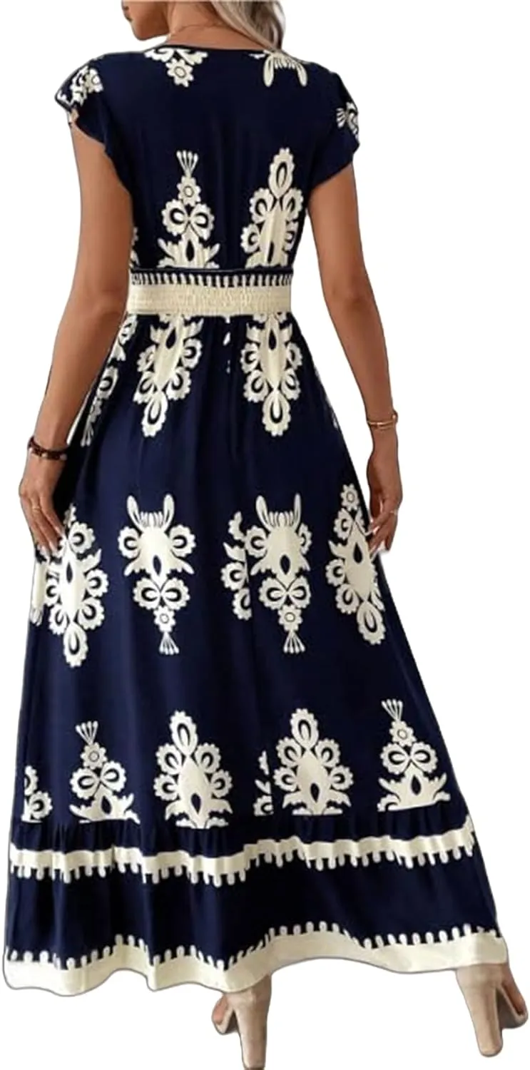 Cocktail Dresses for Women Boho Floral Maxi Dress V Neck Ruffle Bell Sleeve Smocked Waist Dress A-Line Swing Dresses