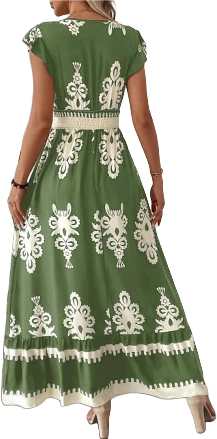 Cocktail Dresses for Women Boho Floral Maxi Dress V Neck Ruffle Bell Sleeve Smocked Waist Dress A-Line Swing Dresses