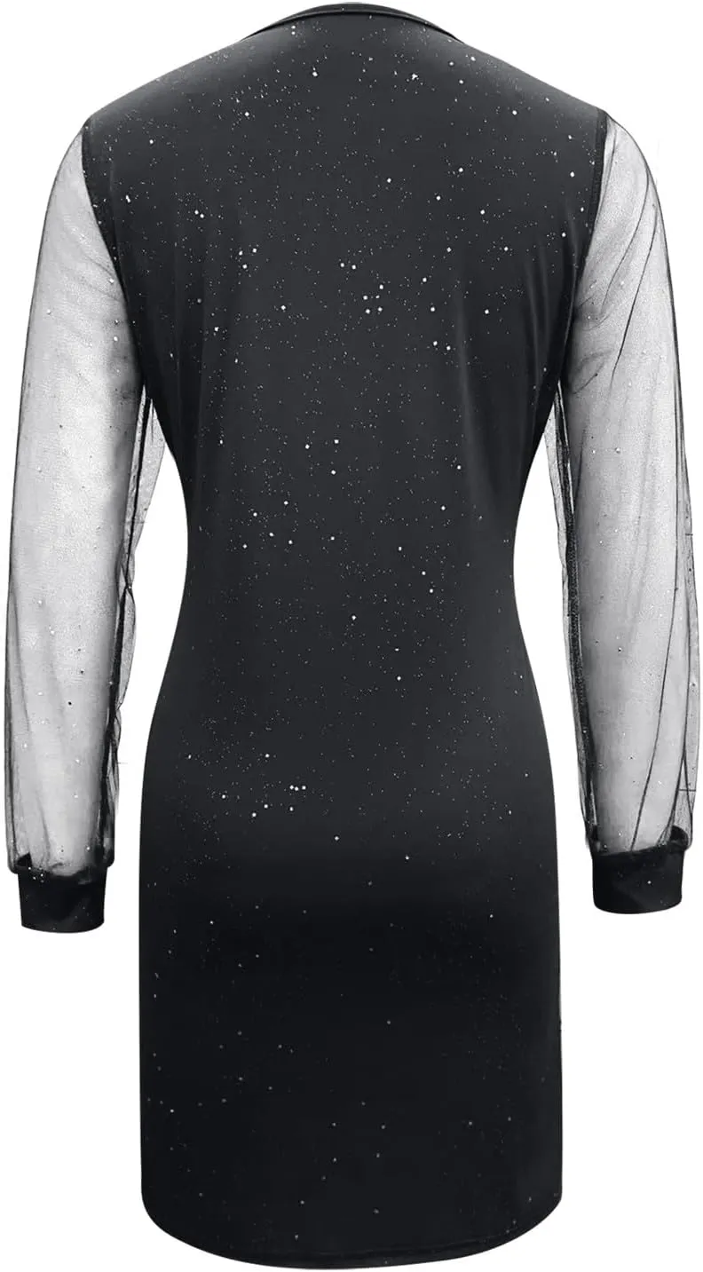 Cocktail Dresses for Women,2024 Summer Elegant Sexy Bodycon V Neck Club Party Dress,Trendy Mesh Long Sleeve Mini Dress