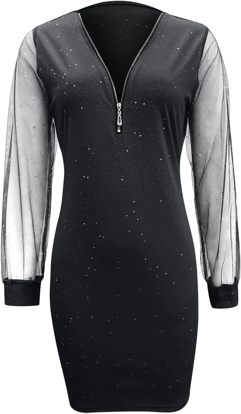 Cocktail Dresses for Women,2024 Summer Elegant Sexy Bodycon V Neck Club Party Dress,Trendy Mesh Long Sleeve Mini Dress
