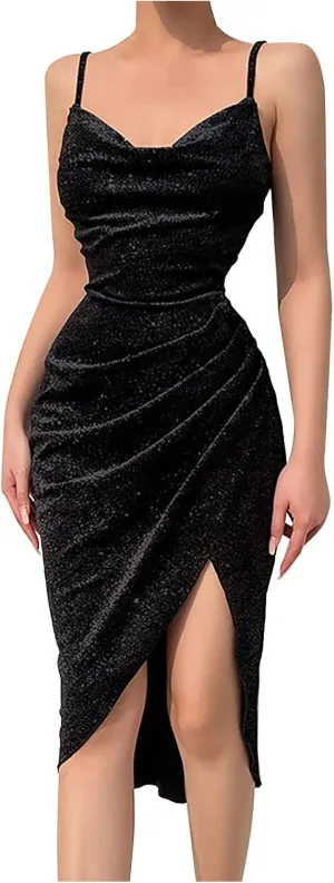 Cocktail Dresses for Women,2024 Summer Elegant Sexy Bodycon V Neck Party Dress,Trendy Ruched Slit Hem Formal Dress