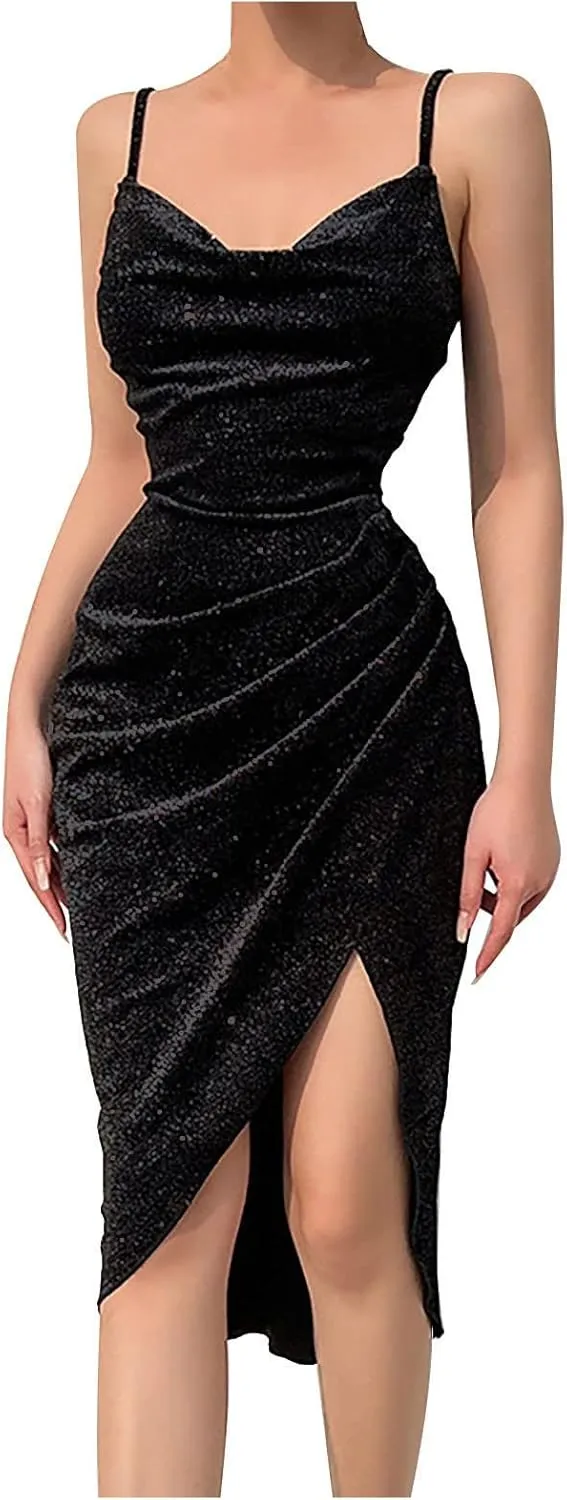 Cocktail Dresses for Women,2024 Summer Elegant Sexy Bodycon V Neck Party Dress,Trendy Ruched Slit Hem Formal Dress