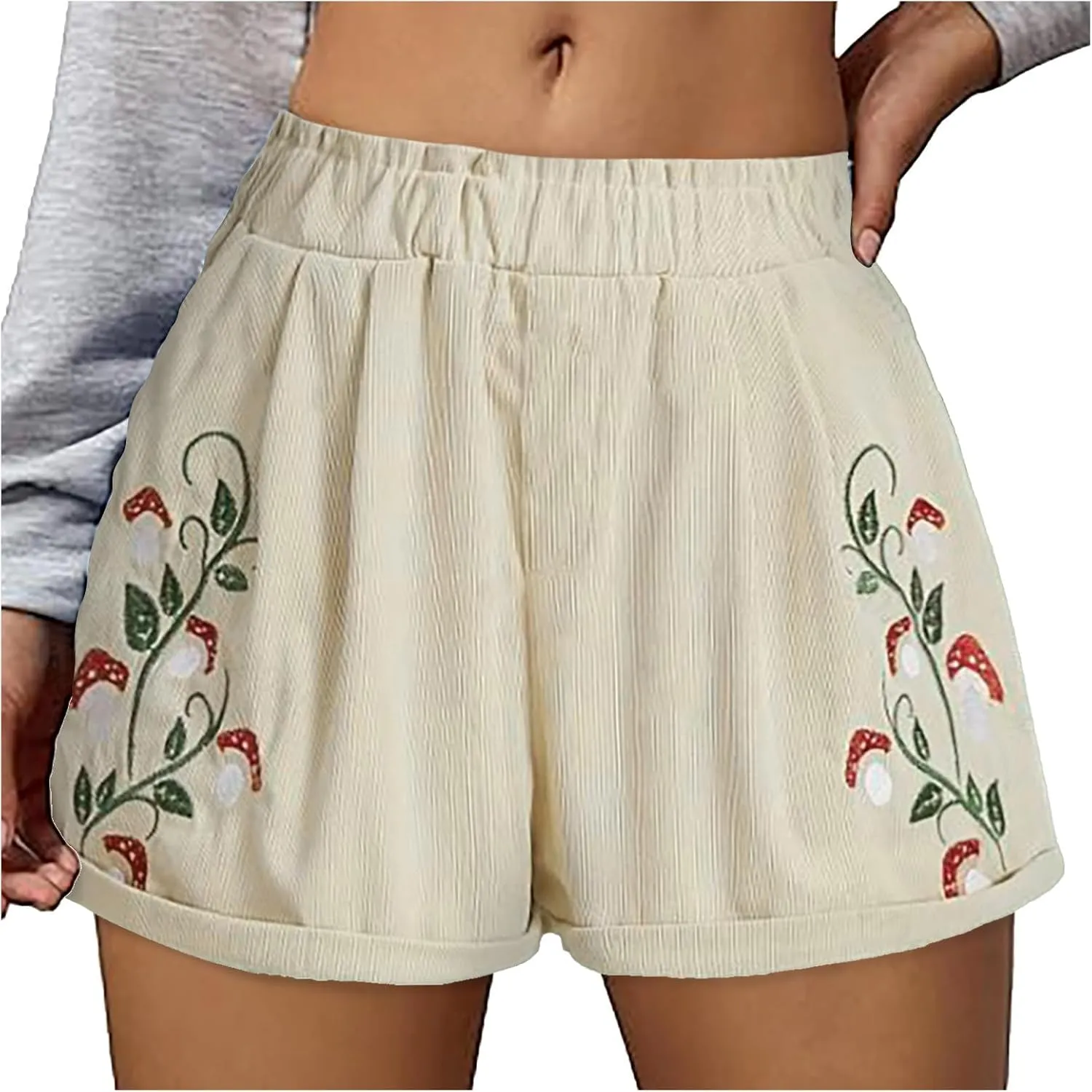 Corduroy Shorts for Women Elastic High Waisted Embroidered Summer Casual Shorts Lightweight Stretch Comfy Lounge Pants 2025