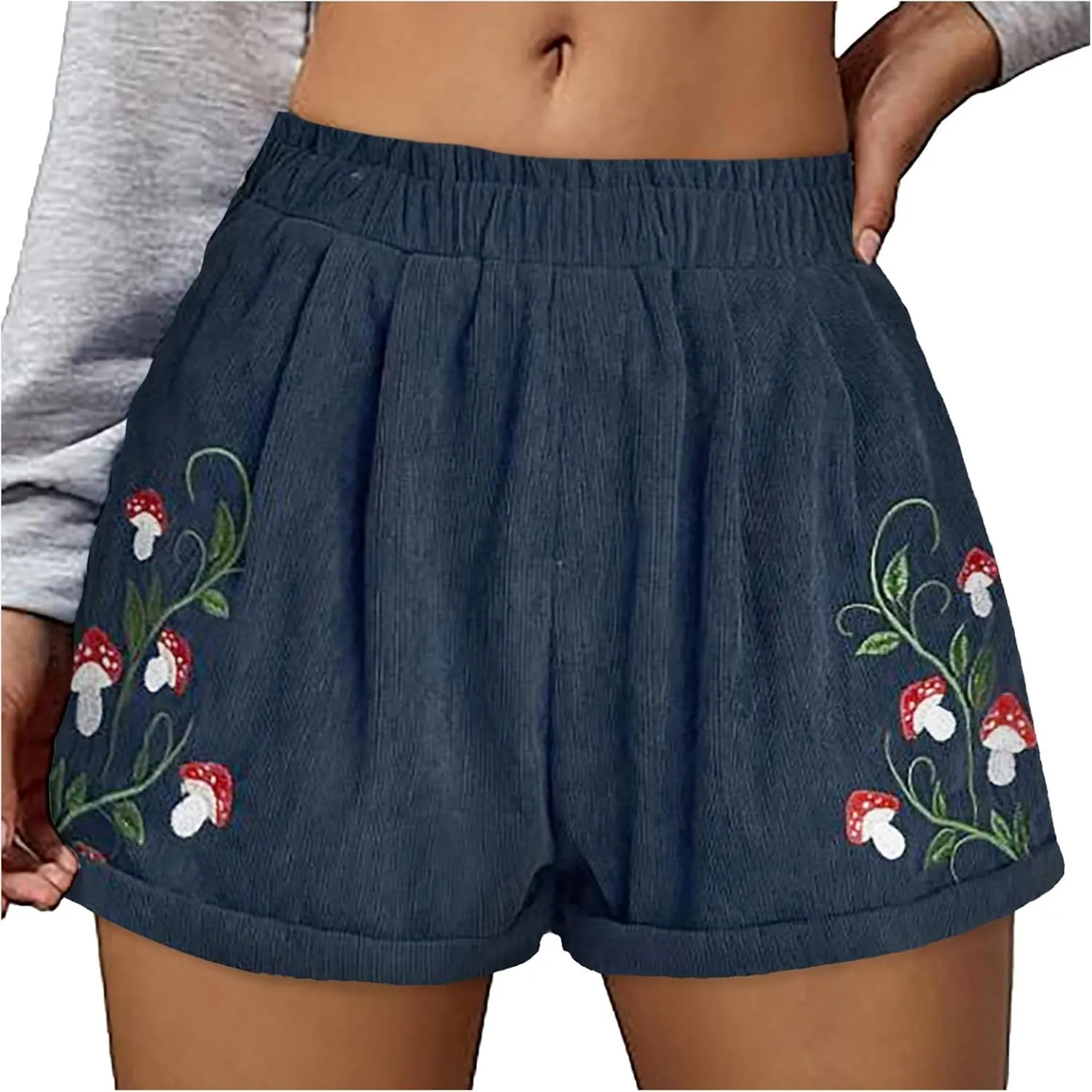 Corduroy Shorts for Women Elastic High Waisted Embroidered Summer Casual Shorts Lightweight Stretch Comfy Lounge Pants 2025