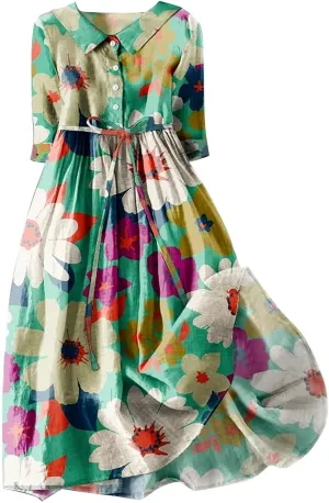 Cotton Linen Dresses for Women 2024 Maxi Button Down Plus Size A Line Dress Trendy 3/4 Sleeve Floral Dress Summer Dresses