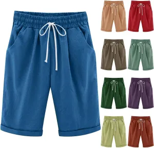 Cotton Linen Shorts for Women 2025 Summer Lounge Plus Size Long Shorts Elastic Waist Drawstring Capris with Pocket
