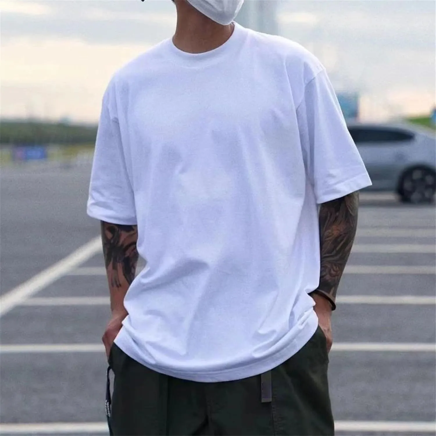 Cotton Shirts Men's Oversized Drop-Shoulder Streetwear Solid Color T-Shirt