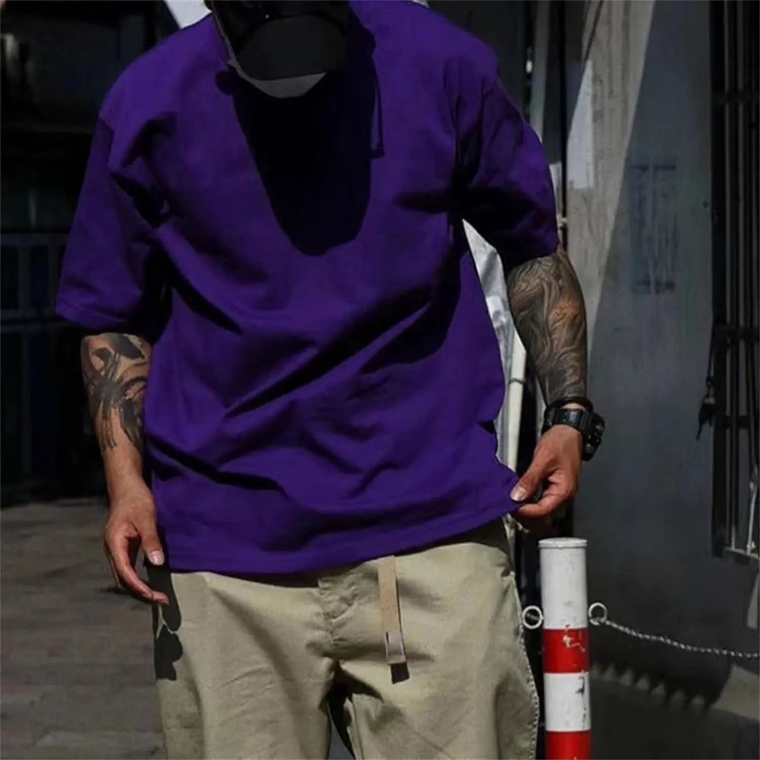 Cotton Shirts Men's Oversized Drop-Shoulder Streetwear Solid Color T-Shirt
