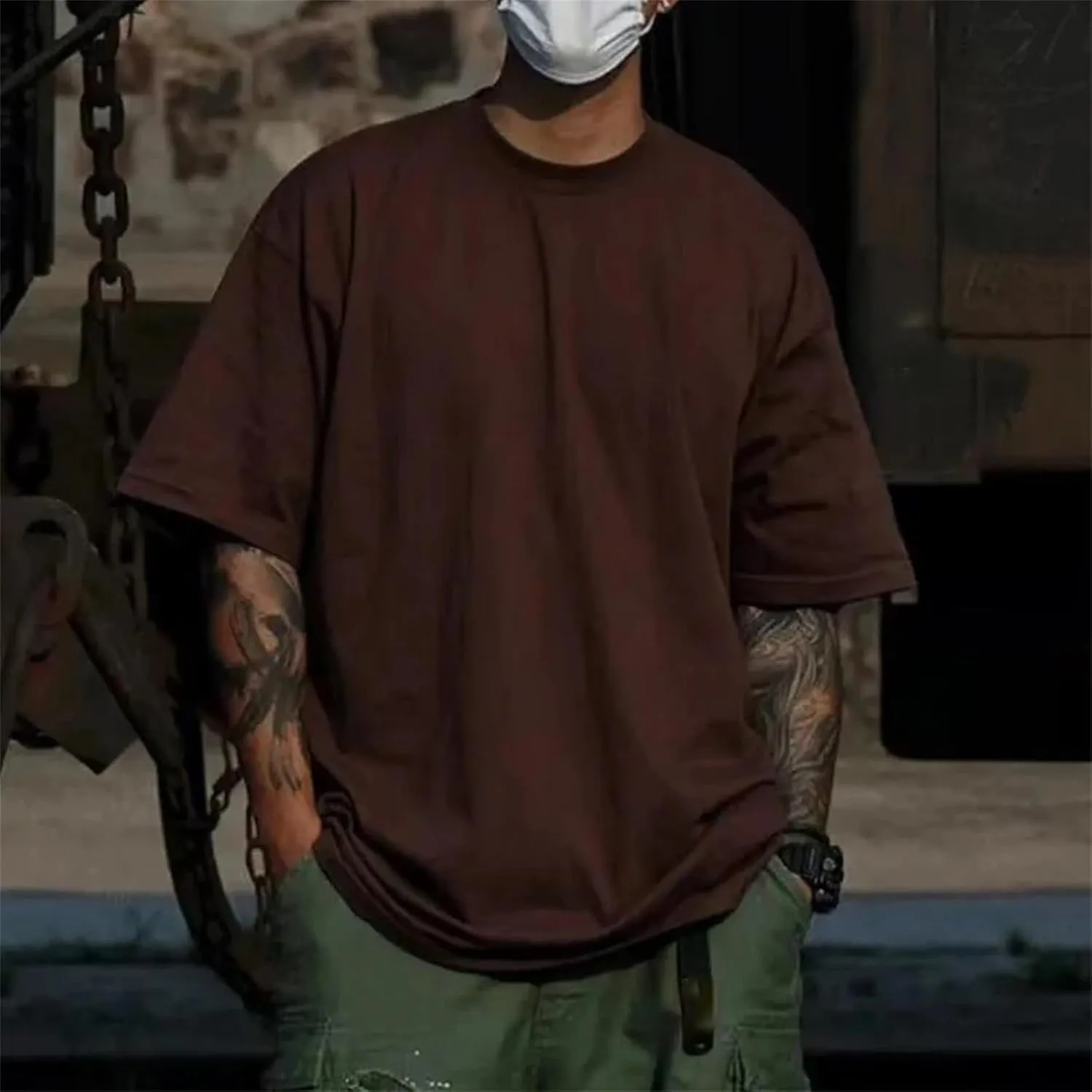 Cotton Shirts Men's Oversized Drop-Shoulder Streetwear Solid Color T-Shirt