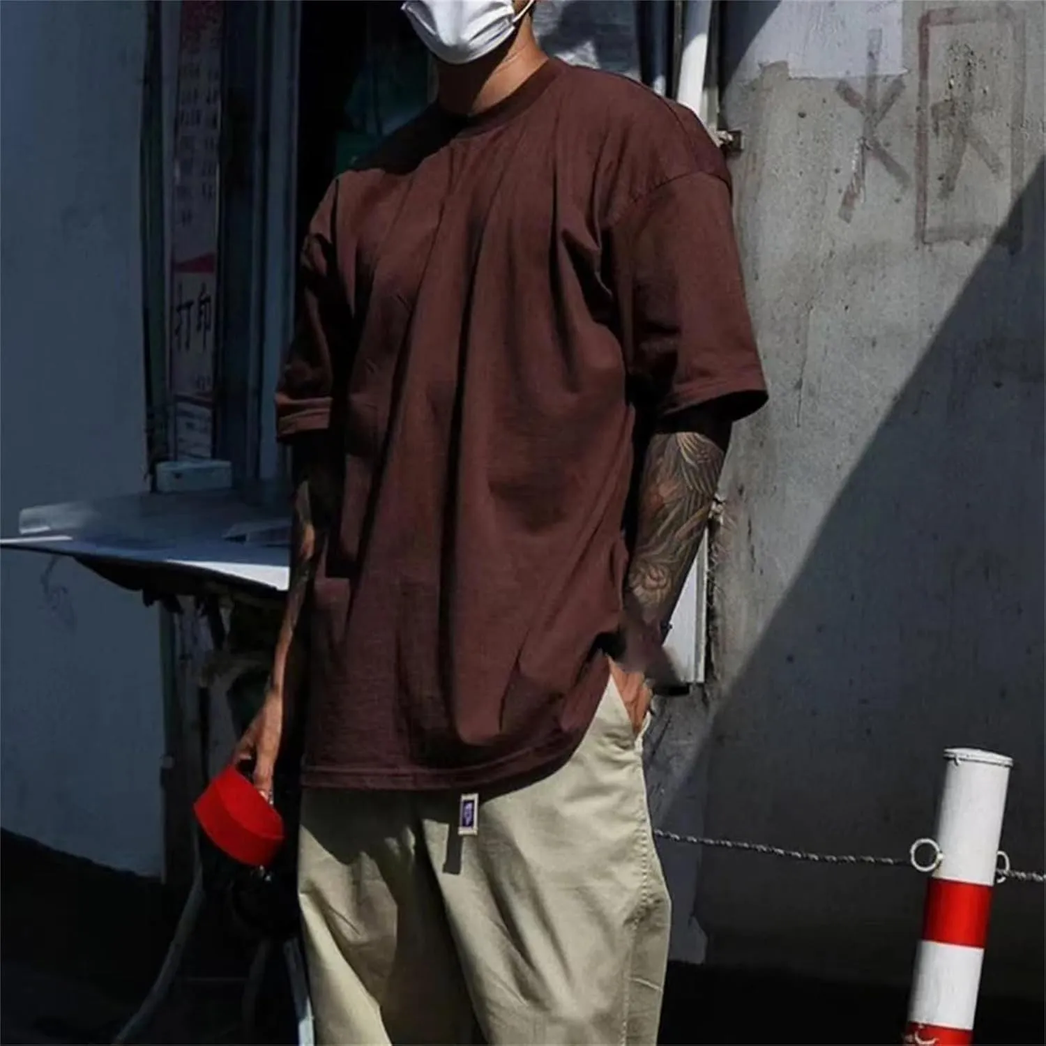 Cotton Shirts Men's Oversized Drop-Shoulder Streetwear Solid Color T-Shirt