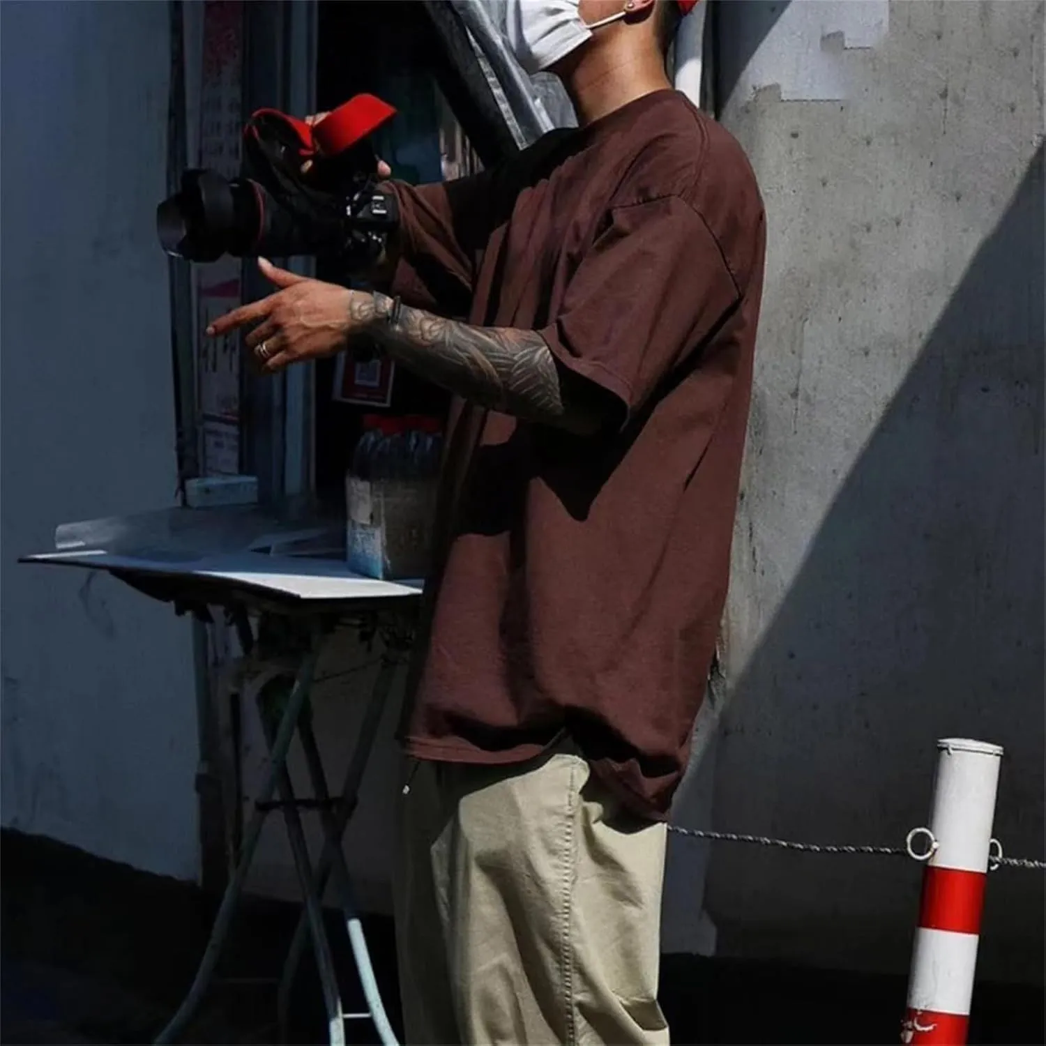 Cotton Shirts Men's Oversized Drop-Shoulder Streetwear Solid Color T-Shirt