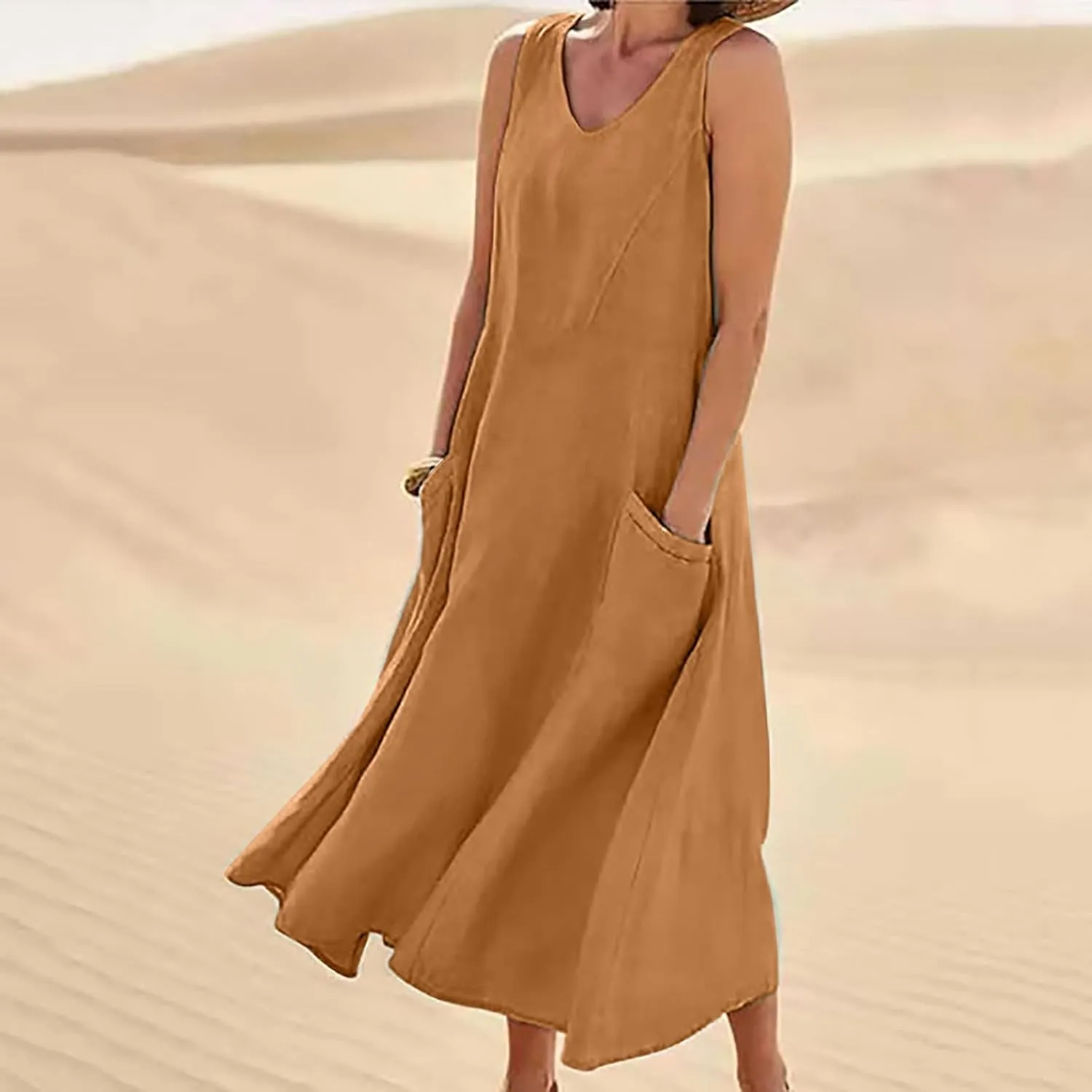 Crew Neck A Line Pleated Tshirt Dress Women's Fashionable Casual Solid Color Pocket V Neck Sleeveless Casual Dress