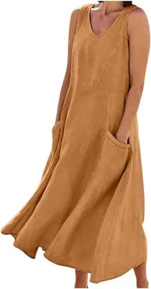 Crew Neck A Line Pleated Tshirt Dress Women's Fashionable Casual Solid Color Pocket V Neck Sleeveless Casual Dress