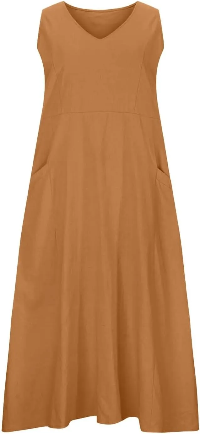 Crew Neck A Line Pleated Tshirt Dress Women's Fashionable Casual Solid Color Pocket V Neck Sleeveless Casual Dress