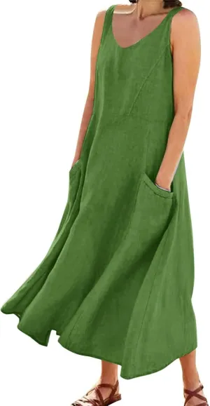 Crew Neck A Line Pleated Tshirt Dress Women's Fashionable Casual Solid Color Pocket V Neck Sleeveless Casual Dress