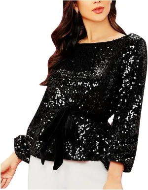 CTRLZS Womens Sequin Peplum Tops Sparkle Shimmer Elegant Sexy Evening Club Party Shirt Boat Neck Long Sleeve Ruffle Blouses
