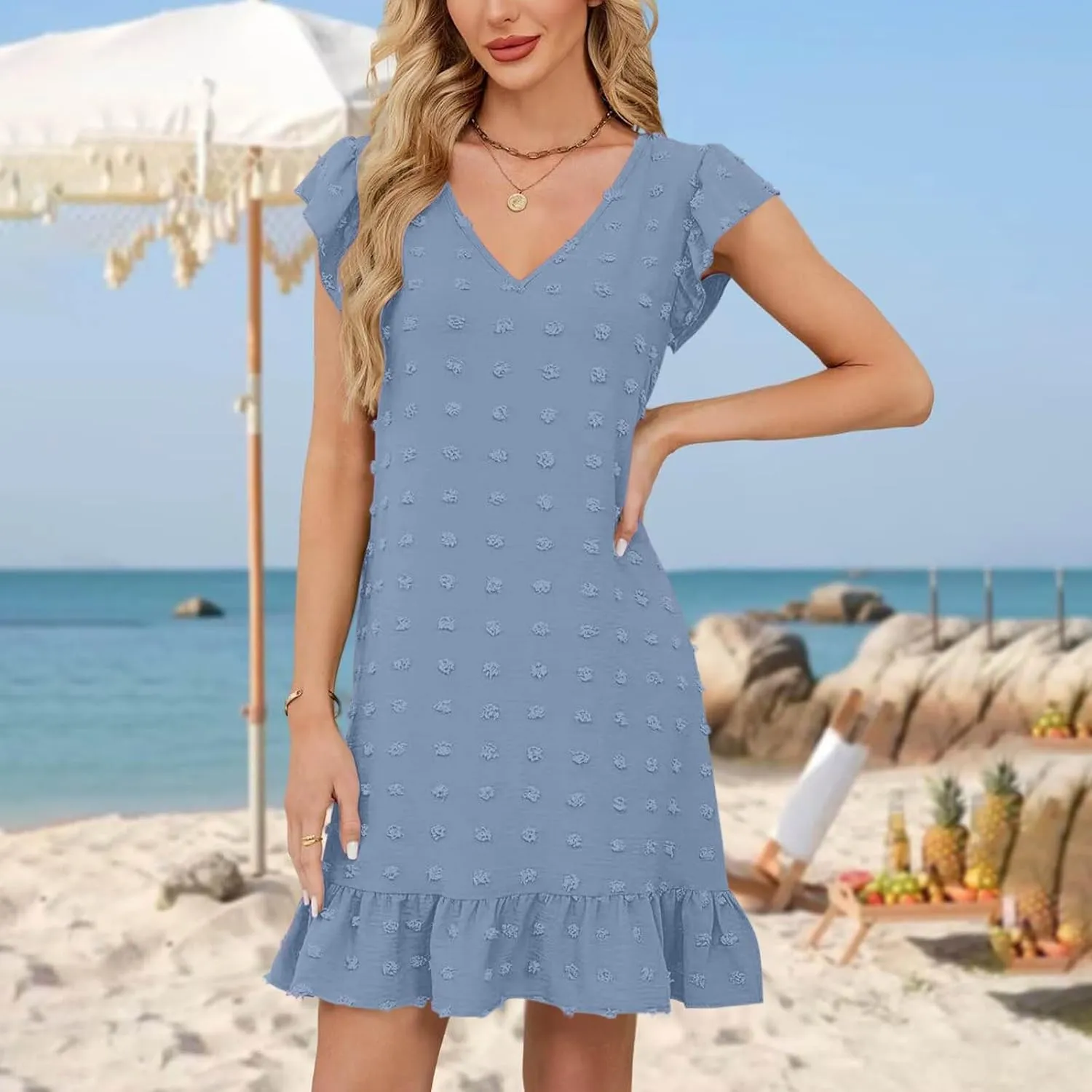 Cute Swiss Dot Dresses for Women Cap Sleeve V Neck Ruffle Short Mini Cocktail Dress Casual Summer Boho Beach Sundress