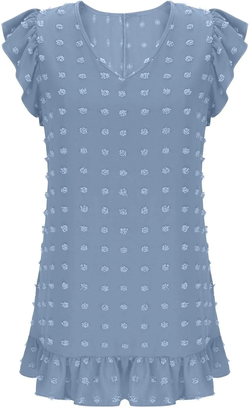 Cute Swiss Dot Dresses for Women Cap Sleeve V Neck Ruffle Short Mini Cocktail Dress Casual Summer Boho Beach Sundress