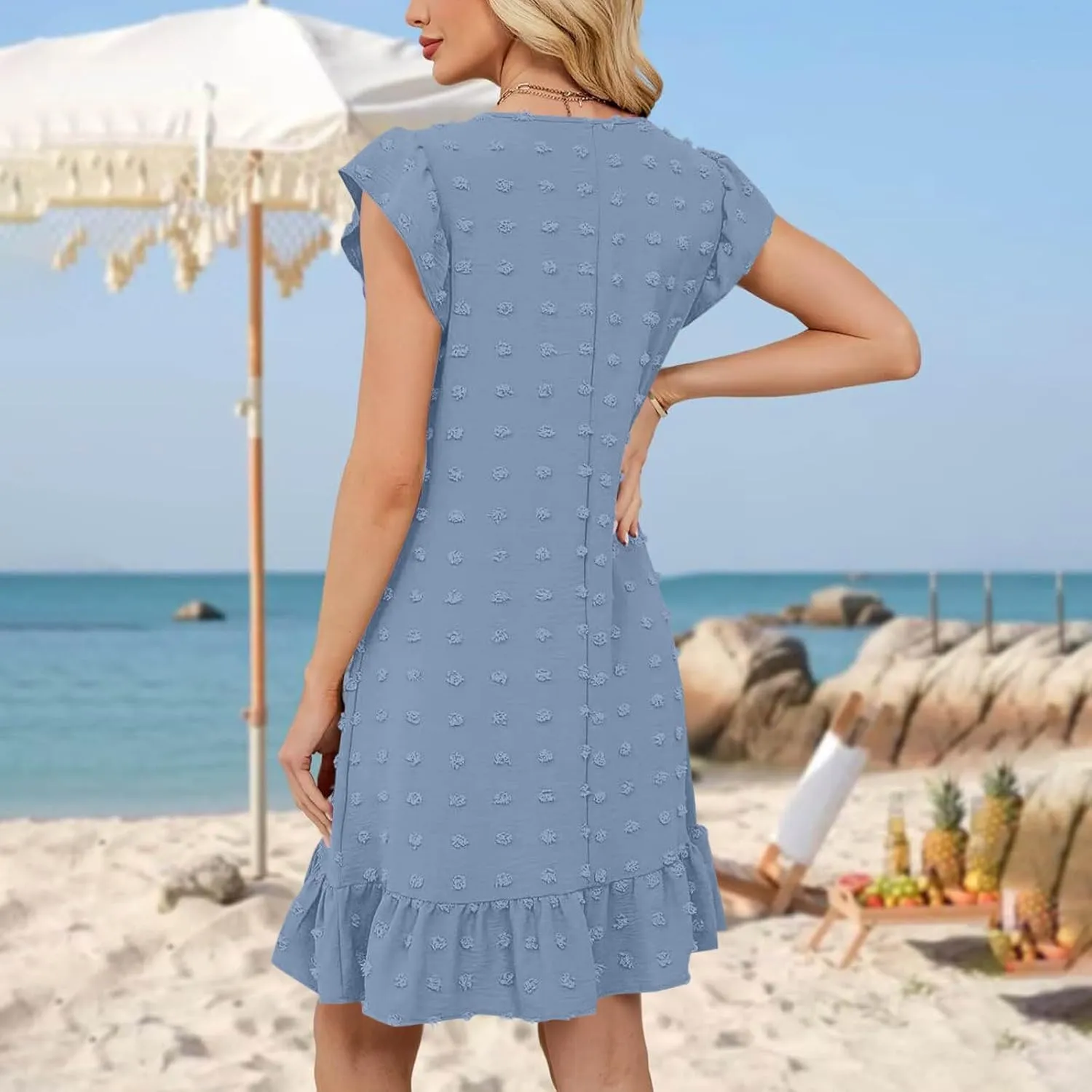 Cute Swiss Dot Dresses for Women Cap Sleeve V Neck Ruffle Short Mini Cocktail Dress Casual Summer Boho Beach Sundress